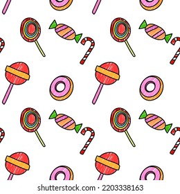 Dibujar caramelos lollipop donut.on fondo blanco.patrón sin fisuras vector e ilustración.