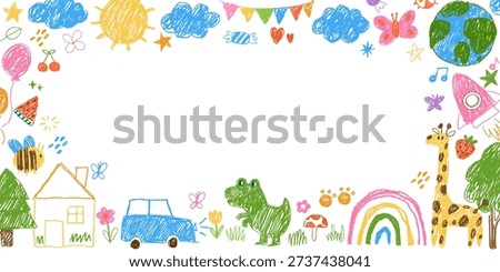 Kid draw frame. Banner with child crayon element. Doodle pencil background, chalk kids border with drawing sun, cloud, rainbow, butterfly. Childish templates. Vector concept.
