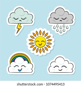 Kid draw stickers or wallpaper. Vector childish background for gift, fabric, textile, nursery wallpaper. Cute cloud faces an funny sun with rain drops and lightning.
