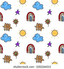 Kid draw sun cloud star rainbow flower fence so cute.on white background.pattern seamless vector and illustration.
