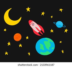 kid drawing about rocket in the space