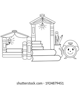 Kid drawing for color. Home of knowledge and library.