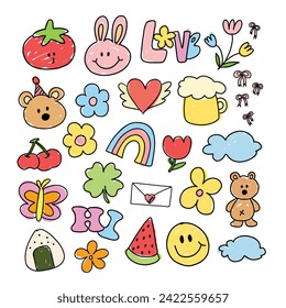 Kid drawing and kid colouring style of animals, flowers, fruits and summer picnic elements for stickers, logo, icon, clip arts, tattoo, decorations, print, card, social media, clothing, symbol, sign