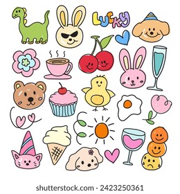 Kid drawing and kid colouring style of dinosaur, rabbit, bear, cupcake, cherry, flowers, coffee, fried egg, ice cream cone for sticker, fabric print, decorations, tattoo, social media post, clip arts