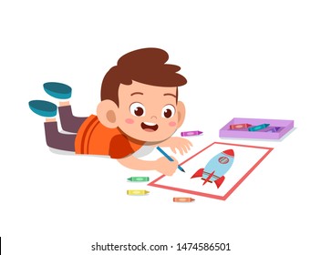 kid drawing with crayon vector