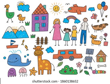 Kid drawing with family, car, animal, house and other object