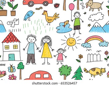 Kid Drawing With Family, Car, Animal In Seamless Background