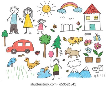 Kid drawing with family, car, animal, house and other object