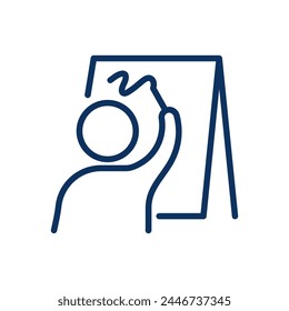 Kid Drawing On Easel Icon. Thin Line Illustration of a Child with Raised Hand Painting on an Easel, Symbol of Creativity, Art Class, and Early Education. Isolated Outline Vector Sign.	