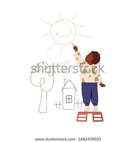 Kid drawing on wall. Black boy with chalk sketching cute images, crayon scribbles, sun, house and tree sketches. Creative child painting picture. Flat vector illustration isolated on white background