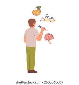 Kid drawing with pencil on wall. Vector isolated child with colorful crayon painting mountains, apple or orange with leaf and mushroom. Kindergarten or school activities, skills development