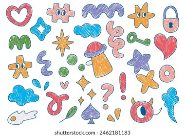 kid drawing scribble style illustration, various shape random doodle