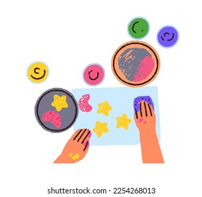 Kid drawing with sponge and paints, top view. Child hands painting on paper from above. Childish art and craft lesson, education, creative hobby. Flat vector illustration isolated on white background