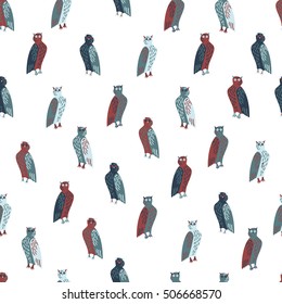 Kid drawing-style owls seamless pattern isolated on the white background
