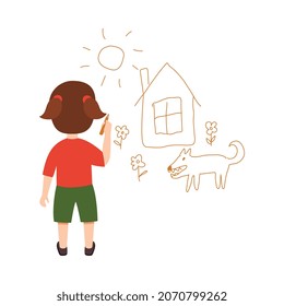 Kid draws house with dog on the wall, cartoon vector illustration isolated on white background. Child girl paints cute doodles or scribbles. Concept of leisure, creativity and kindergarten education.