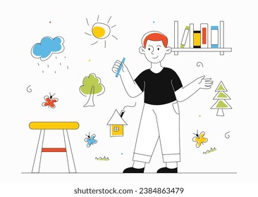 Kid draws at wall concept. Boy with pencil in playroom and children room. Creativity and art. Education and learning. Cartoon flat vector illustration isolated on white background