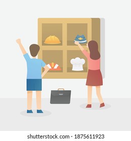 kid dream in future,Children are make looking and having fun choosing a career in fantasy,Fireman hat,Engineer helmet,Business man bag,Chef's hat,Flight attendant hat,Vector illustration.
