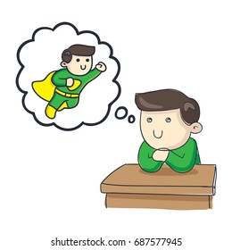 Kid dream or thinking about how he wants to be when they grow up concept. A boy dream about becoming a superhero