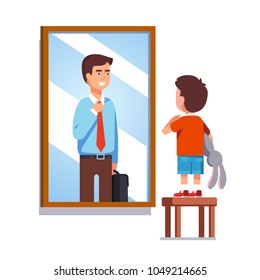 Kid dreaming about becoming business man in future. Boy imagining himself grown up entrepreneur fixing necktie looking at mirror reflection. Kid fantasy goal. Flat isolated vector illustration