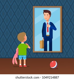 Kid Dreaming About Becoming Business Man In Future. Boy Imagining Himself Grown Up Entrepreneur Fixing Necktie Looking At Mirror Reflection. Kid Fantasy Goal. Flat Isolated Vector Illustration