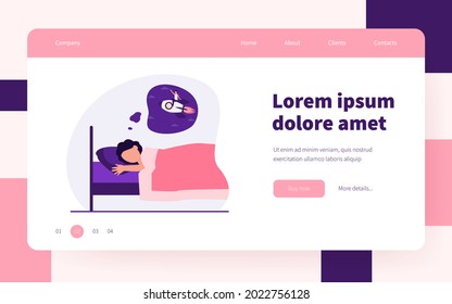 Kid dreaming cosmic flight. Boy resting in bed, sleeping in bedroom. Flat vector illustration. Childhood, space exploration, hobby concept for banner, website design or landing web page