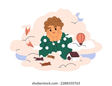 Kid dreaming, imagining fantasy world. Cute dreamy child, creative inspired boy dreamer. Imagination, creativity, inspiration, fiction concept. Flat vector illustration isolated on white background