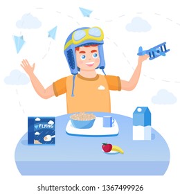 Kid dreams fly on breakfast, playing with toys. Сereal with milk, fruit. Sky and paper plane.  Vector flat illustration cartoon style isolated on white.

