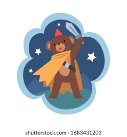 Kid Dreams, Sweet Dream Cloud with Brave Bear Superhero with Sword, Childhood Fantasy Vector Illustration