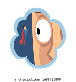 Kid Dreams, Sweet Dream Cloud with Little Superhero Flying Near Big Face of Boy, Childhood Fantasy Vector Illustration