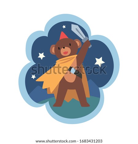 Kid Dreams, Sweet Dream Cloud with Brave Bear Superhero with Sword, Childhood Fantasy Vector Illustration
