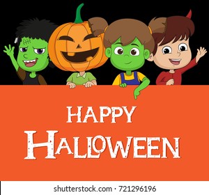 Kid dress up halloween costume showing card.Vector and illustration.