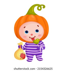 Niño vestido como una calabaza de otoño con una bolsa de caramelos para una fiesta de Halloween. Dibujo vectorial de caricatura.