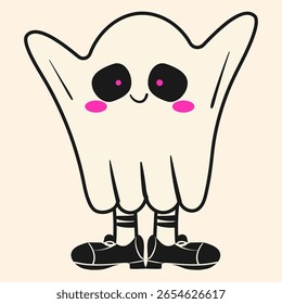 Garoto vestido com traje fantasma bonito. Feliz Dia das Bruxas. Fantasia de Halloween estilo Doodle. Ilustração de vetor plano.