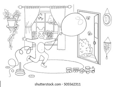 A kid dressed as a fox balloon fun in the nursery. Black and white vector illustration for children.
