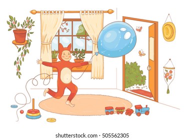 A kid dressed as a fox with blue balloon having fun in the nursery. Colored vector illustration for children.