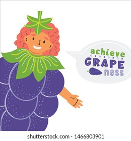 Kid dressed grape costume flat vector illustration. Happy child in berry clothing cartoon character. Achieve grapeness fruit pun stylized typography. Kids book, textile, poster isolated clipart