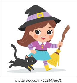 Niño vestido con disfraces de Halloween para ir a Truco o Tratamiento con un gato. Linda chica con disfraz de bruja. Personajes en vacaciones espeluznantes.