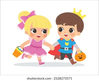 Niño vestido con disfraces de Halloween para ir a Truco o Tratamiento. Personajes en vacaciones espeluznantes.