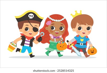 Niño vestido con disfraces de Halloween para ir a Truco o Tratamiento. Personajes en vacaciones espeluznantes.