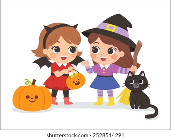 Niño vestido con disfraces de Halloween para estar juntos y hablar con un gato. Personajes en vacaciones espeluznantes.  