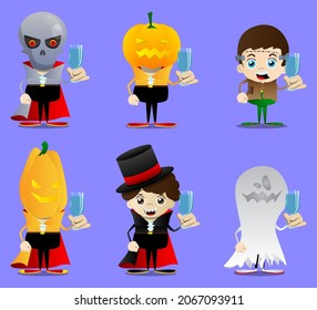 Kid dressed for Halloween with a glass of water. Vector cartoon character illustration of kids ready to Trick or Treat.