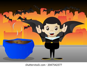 Kid dressed for Halloween with hands in rocker pose. Vector cartoon character illustration of kids ready to Trick or Treat.