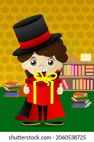Kid dressed for Halloween holding big gift box. Vector cartoon character illustration of kids ready to Trick or Treat.