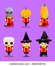Kid dressed for Halloween holding big gift box. Vector cartoon character illustration of kids ready to Trick or Treat.