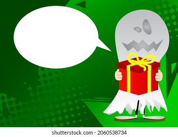 Kid dressed for Halloween holding big gift box. Vector cartoon character illustration of kids ready to Trick or Treat.