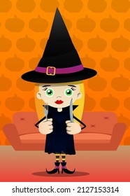 Kid dressed for Halloween holding up a knife and fork. Vector cartoon character illustration of kids ready to Trick or Treat.