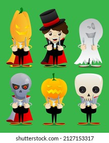 Kid dressed for Halloween holding up a knife and fork. Vector cartoon character illustration of kids ready to Trick or Treat.