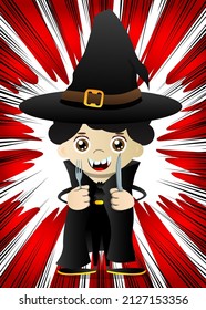 Kid dressed for Halloween holding up a knife and fork. Vector cartoon character illustration of kids ready to Trick or Treat.