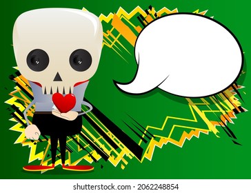 Kid dressed for Halloween holding red heart in his hand. Vector cartoon character illustration of kids ready to Trick or Treat.