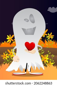 Kid dressed for Halloween holding red heart in his hand. Vector cartoon character illustration of kids ready to Trick or Treat.